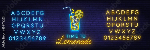 Time to Lemonade neon sign on brick wall background.