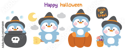 Set of cute penguin in witch costume various poses in halloween concept.Festival.Horror.Bird animal cartoon character design.Trick or treat.Kawaii.Vector.Illustration.

