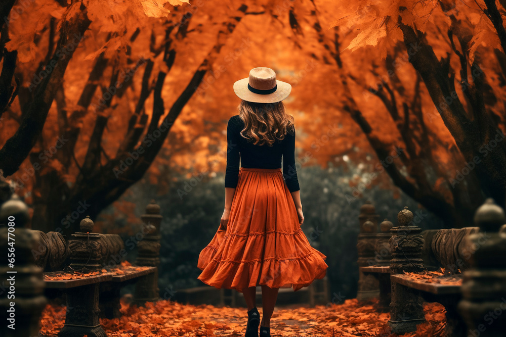 Fototapeta premium Autumn park and woman, with rich warm colors, focused on the orange themes and the traditional October marketing season