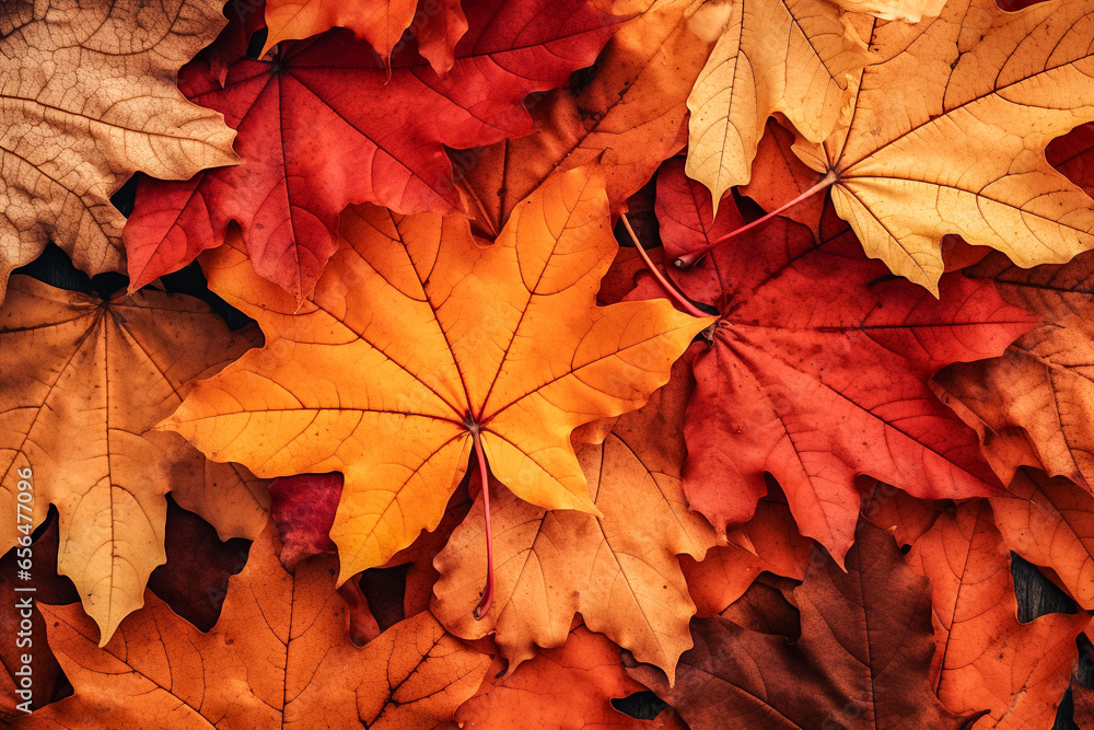 Autumn leaves, with rich warm colors, focused on the orange themes and the traditional October marketing season