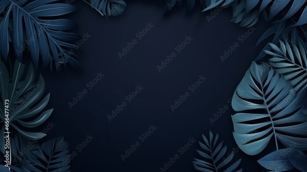 Collection of tropical leaves in indigo with copy space, Generative AI