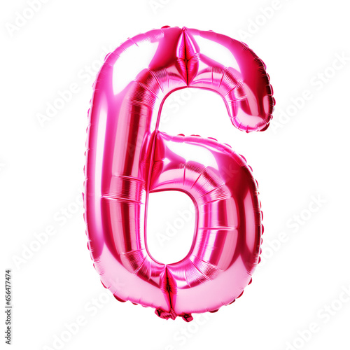 pink number 6 mylar helium birthday balloon on transparent isolated png background photo
