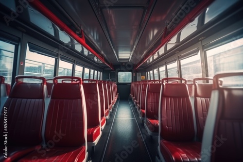 A view of a bus with stylish red leather seats. Perfect for transportation, travel, or interior design concepts.