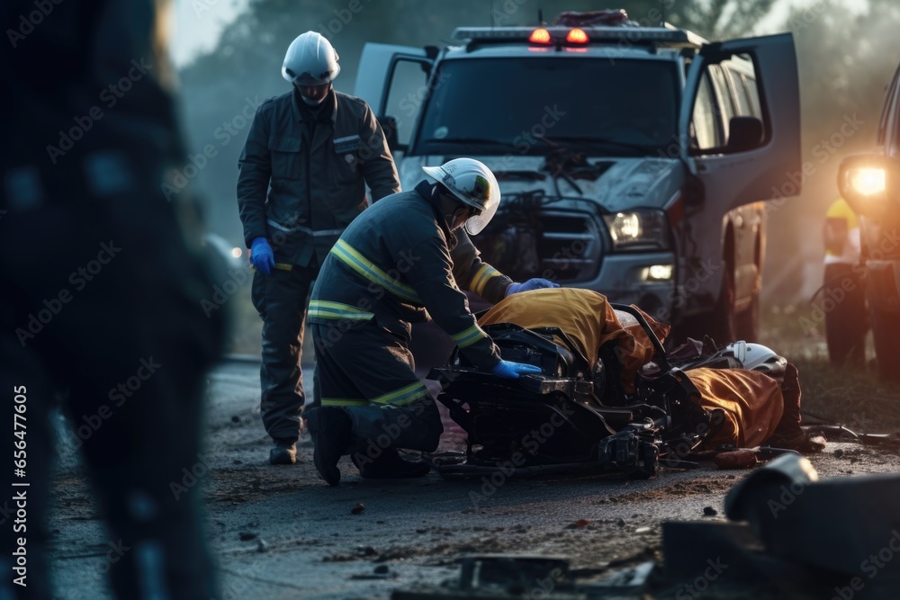 A group of emergency personnel working together to provide medical assistance to an injured person on a motorcycle. This image can be used to depict emergency response, healthcare, accident scenes, or - obrazy, fototapety, plakaty 