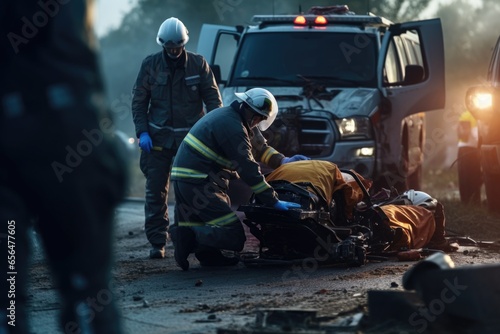 A group of emergency personnel working together to provide medical assistance to an injured person on a motorcycle. This image can be used to depict emergency response, healthcare, accident scenes, or photo