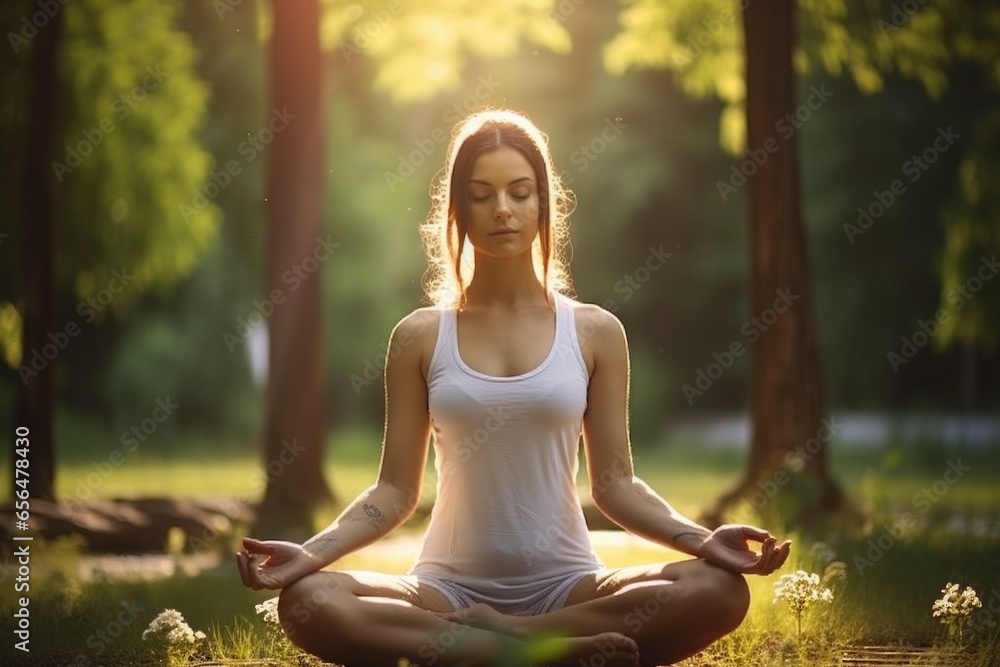 A woman sitting in a lotus position, deep in meditation, surrounded by the serene beauty of a park. This image is perfect for promoting mindfulness, relaxation, and inner peace. A woman sitting in a lotus position, deep in meditation, surrounded by the serene beauty of a park. This image is perfect for promoting mindfulness, relaxation, and inner peace.