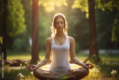 A woman sitting in a lotus position, deep in meditation, surrounded by the serene beauty of a park. This image is perfect for promoting mindfulness, relaxation, and inner peace. Free Download A woman sitting in a lotus position, deep in meditation, surrounded by the serene beauty of a park. This image is perfect for promoting mindfulness, relaxation, and inner peace. - GFXLoad