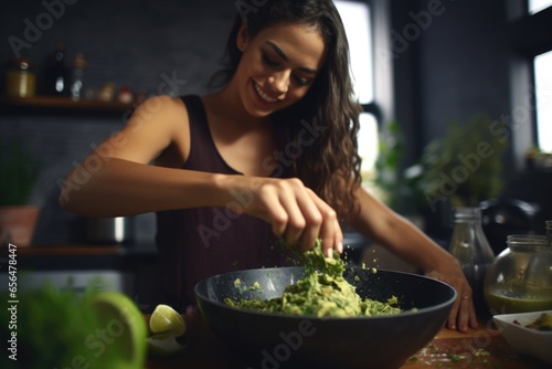 A woman is shown in a kitchen, actively preparing a meal. This image can be used to showcase cooking, food preparation, or home cooking activities.