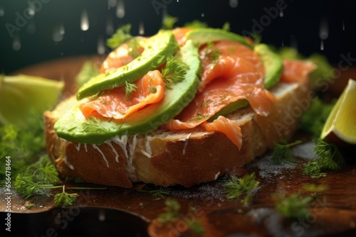 A detailed view of a sandwich featuring fresh avocado and salmon. Perfect for food blogs, restaurant menus, or healthy eating articles.