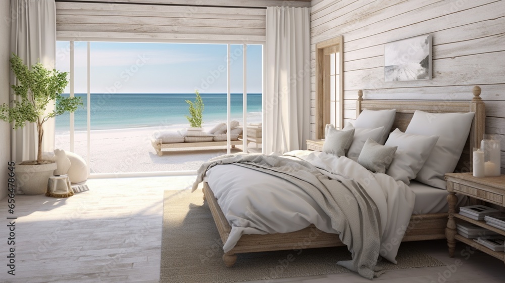 bedroom with a coastal cottage vibe, using whitewashed wood and beach-inspired decor