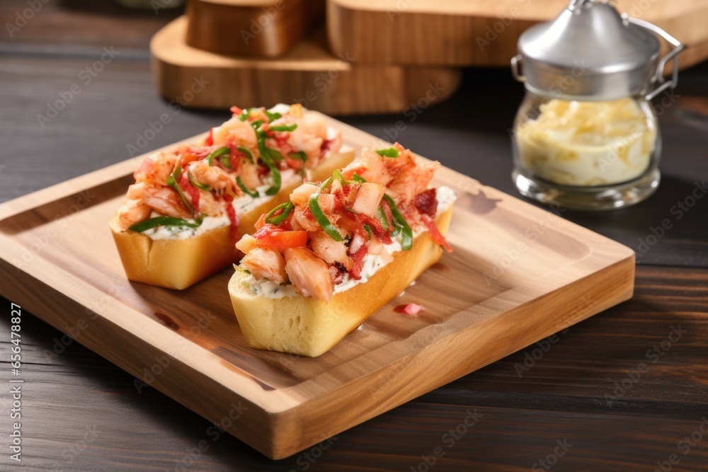 lobster roll on a wooden tray