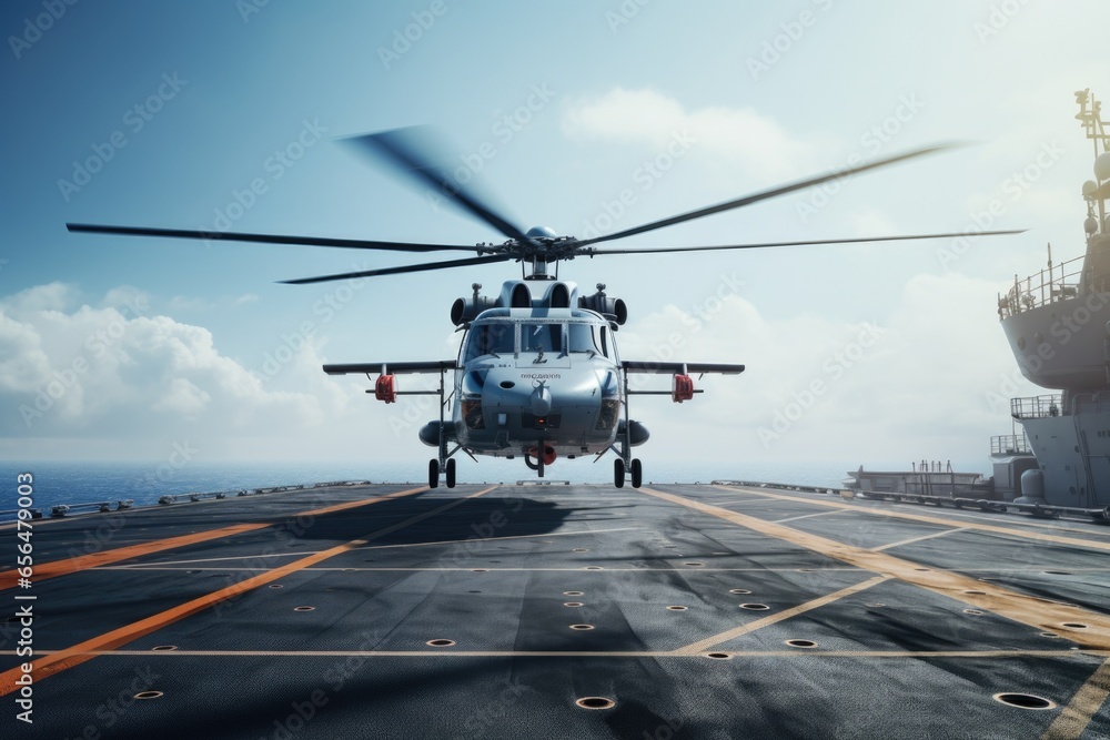 A helicopter is sitting on top of a ship. This image can be used to depict transportation, maritime operations, or aerial support. - obrazy, fototapety, plakaty 