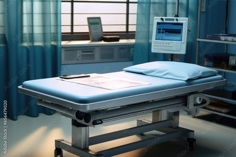 A hospital bed with a monitor on top. This image can be used to depict medical care, patient monitoring, or hospital equipment. A hospital bed with a monitor on top. This image can be used to depict medical care, patient monitoring, or hospital equipment.