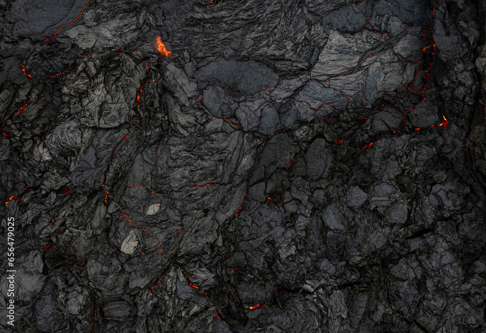 Aerial view of the texture of a solidifying lava field, close-up Aerial view of the texture of a solidifying lava field, close-up