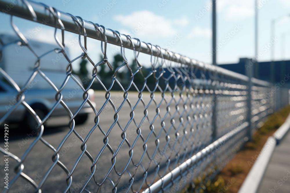 A picture of a chain link fence next to a parking lot. This image can be used to depict urban landscapes, security, or boundaries.