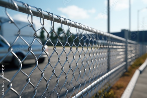 A picture of a chain link fence next to a parking lot. This image can be used to depict urban landscapes, security, or boundaries.