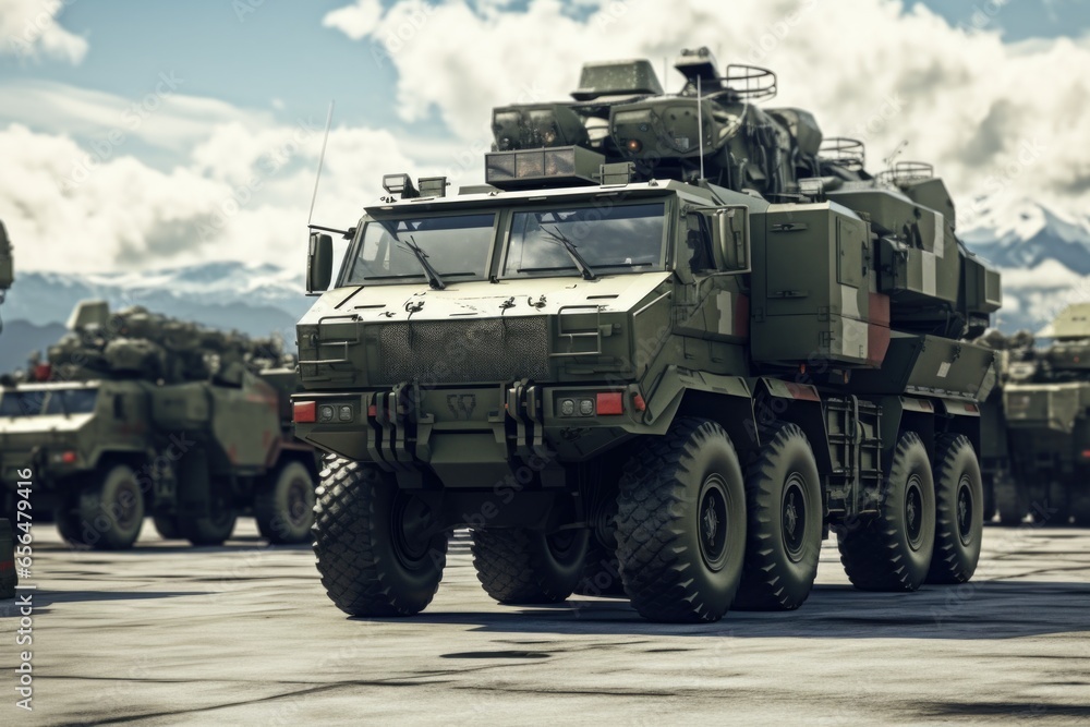 A military vehicle is parked in a parking lot. This image can be used to depict military operations, security, or transportation. A military vehicle is parked in a parking lot. This image can be used to depict military operations, security, or transportation.
