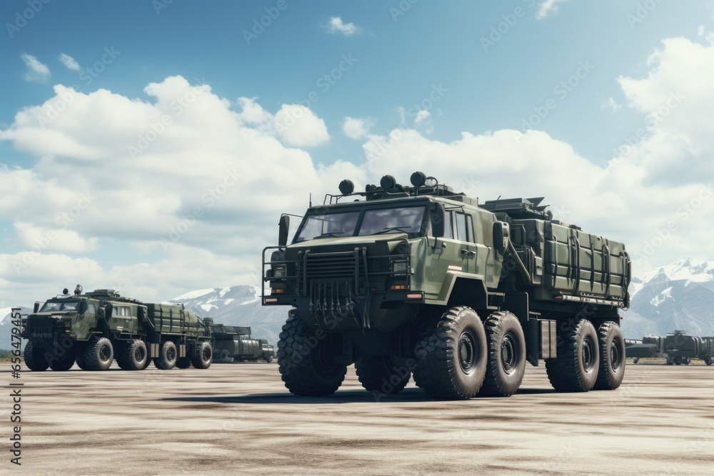 A powerful, military-grade army truck drives down a rugged dirt road ...