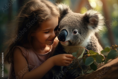 A young girl is holding a koala bear in her arms. This adorable image can be used to depict love for animals or the joy of wildlife encounters. photo