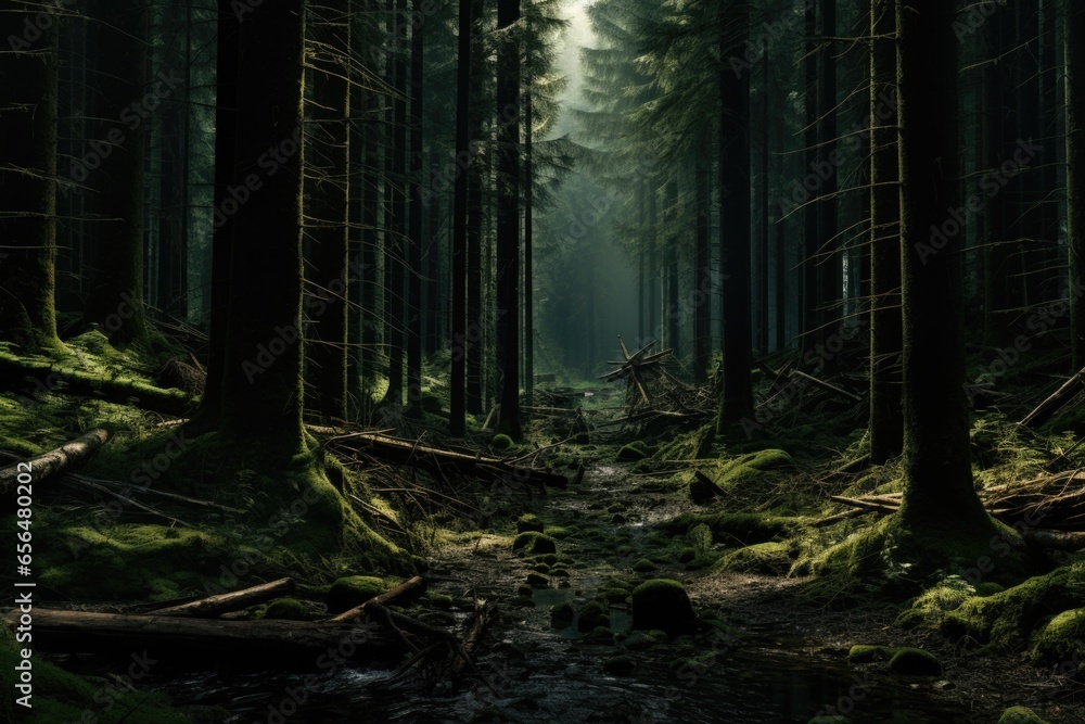 A picture showcasing a dense forest filled with vibrant green trees. This image can be used to represent nature, environmental conservation, or as a background for various design projects.