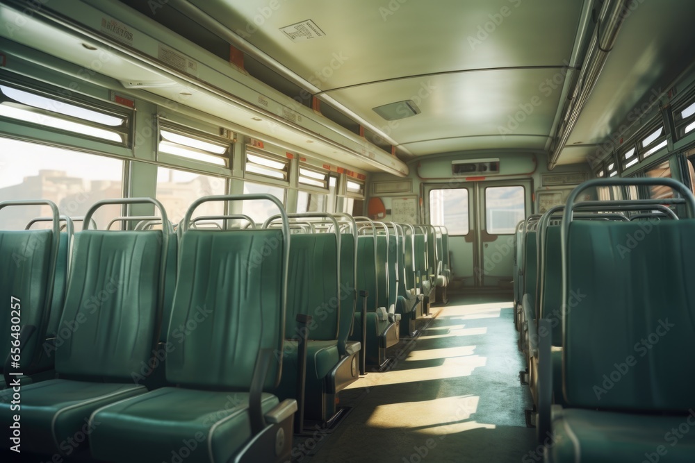 A row of empty seats on a bus. Suitable for transportation, travel, and public transportation concepts.
