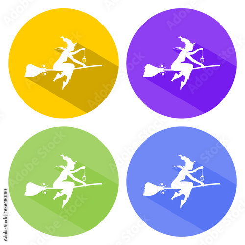 Illustration of flying young witch icon. Witch silhouette on a broomstick. Halloween relative image. Web icon in flat design with long shadows.