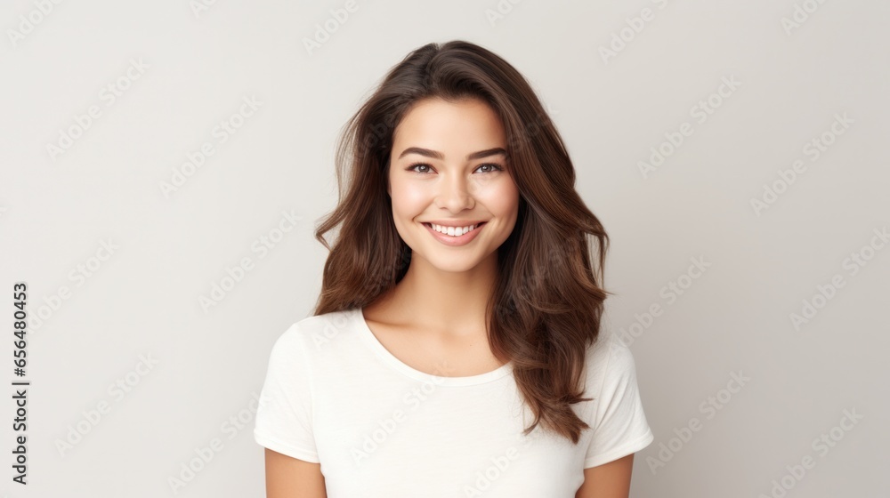 Portrait of beautiful young woman with brown hair and white t-shirt. Portrait of beautiful young woman with brown hair and white t-shirt.
