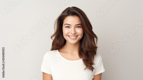 Portrait of beautiful young woman with brown hair and white t-shirt.