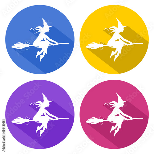Illustration of flying young witch icon. Witch silhouette on a broomstick. Halloween relative image. Web icon in flat design with long shadows.