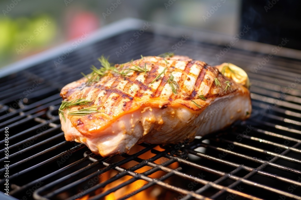 steak of fish in a wire basket on gas grill steak of fish in a wire basket on gas grill