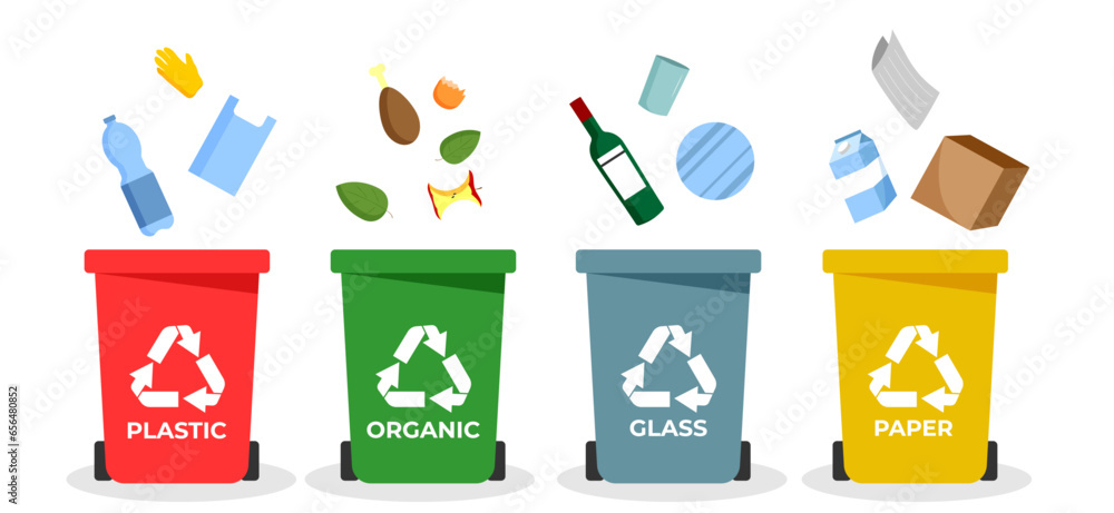 Sorting and recycling garbage by material with different types of colored waste bins with symbols for organic, paper, glass, plastic - obrazy, fototapety, plakaty 