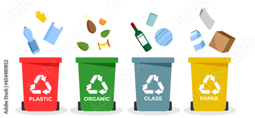 Sorting and recycling garbage by material with different types of colored waste bins with symbols for organic, paper, glass, plastic