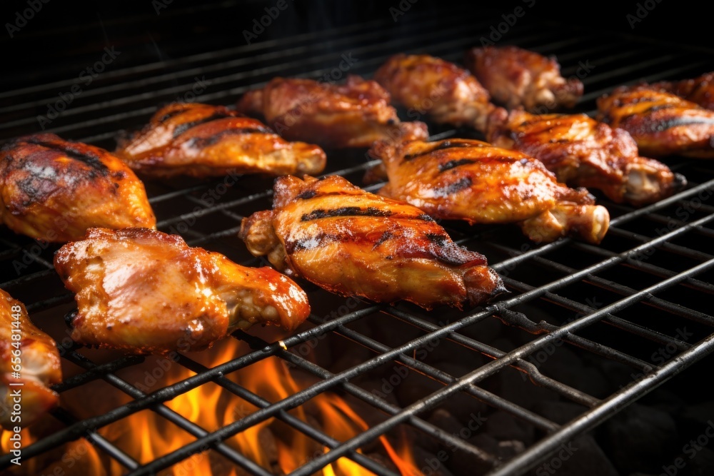 marinated wings being basted on a lit grill