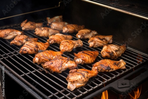 charcoal chunks turning white beneath grill with wings