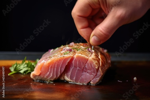 fish steak being flipped by a hand to check its flakiness photo