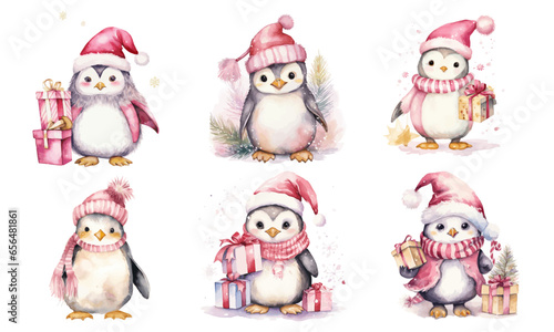 Set of cute watercolor Penguins wearing pink santa hats and scarfs  holding Christmas Presents in pink color theme vectors illustrations