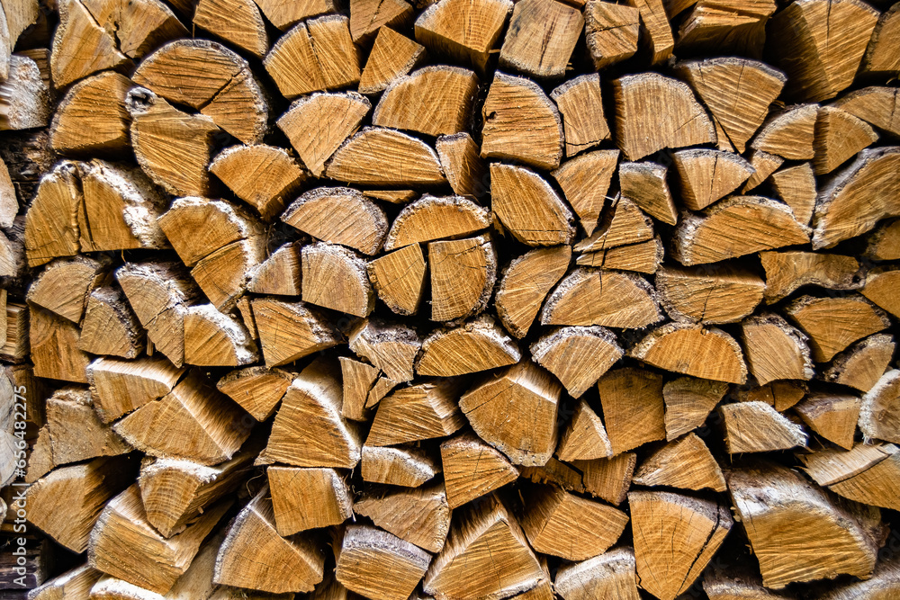 Photography on theme big wall of stacked oak tree logs in cracks Photography on theme big wall of stacked oak tree logs in cracks