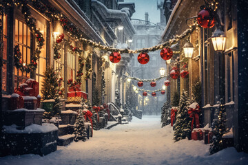 Christmas and winter holiday marketing background, with winter and christmas tree themes, christmas ornaments and presents, snowy vibes.