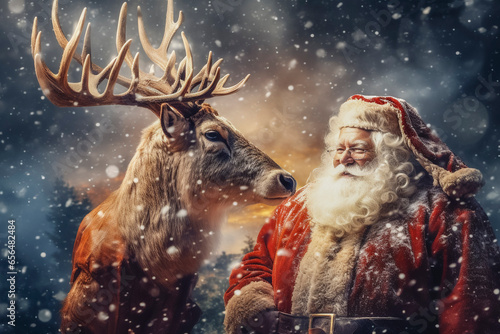 santa claus and reindeer in the snow, christmas holiday marketing material  photo