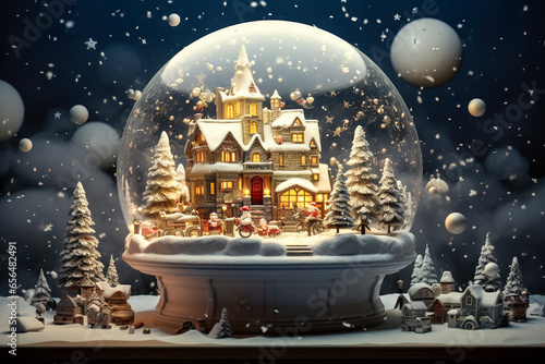 christmas scene in a snow globe , miniature with a small snowy town and warm christmas lights
