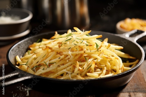cruncy shoestring french fries tossed on a pan