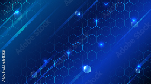 Abstract hexagons on the blue background. Hi-tech digital technology and engineering concept. Digital template with polygons for medical and science banners or presentations.