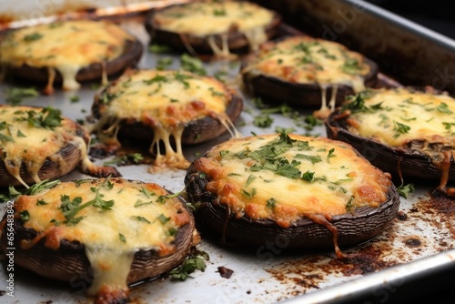 portobello mushrooms filled with melted monterey jack cheese on a baking sheet