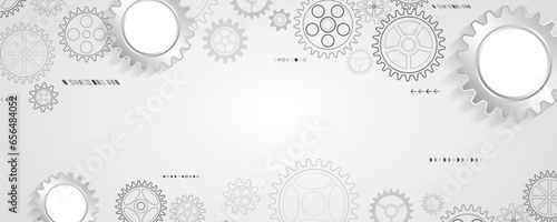 The mechanism consisting of gears on a gray background for the presentation. Cogwheel for science experiment presentation. Futuristic high tech concept. Business and industry internet banner.
