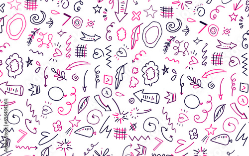 Doodle sketch style of colorful shapes and lines on white background for concept design. Simple childish scribble backdrop.