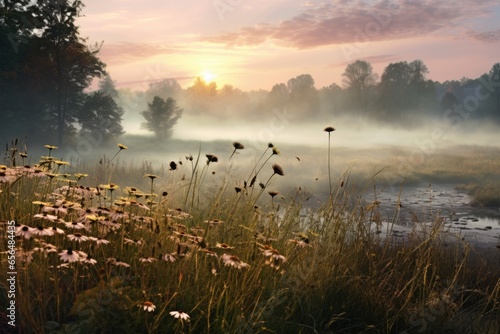 early morning mist hovering over an autumn meadow