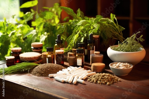 wood table with naturopathic medicines arranged photo