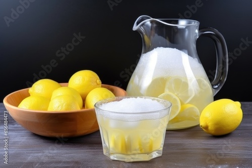 lemonade in a transparent jug, lemons and sugar in bowls by the side