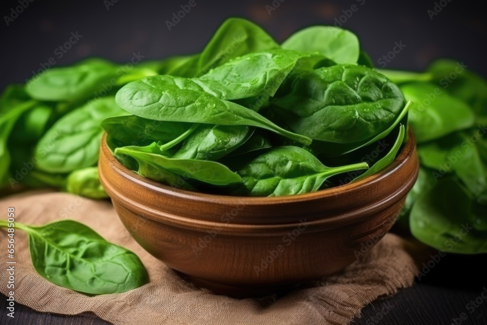 fresh green spinach leaves in a ceramic bowl fresh green spinach leaves in a ceramic bowl