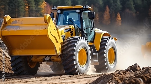 Wheel loader Excavator with backhoe unloading sand at earthmoving works in construction site quarry photo